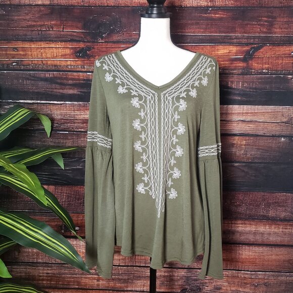 Roper Tops - Roper Peasant Top S Embroidered Flared Sleeves Olive Green Boho Hippie